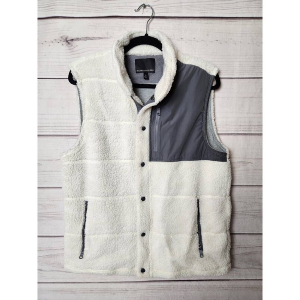 Banana Republic Womens Sherpa Vest White Gray Full Zip Snap Insulated Pockets L